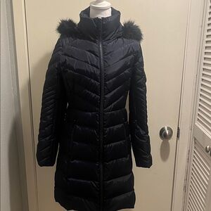 Michael Kors Black Quilted Long Puffer Coat with Faux Fur Hood Sz S